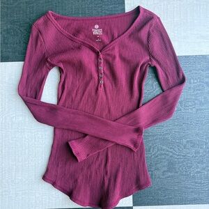 Y2K SO Maroon Longline Henley Top Baseball Style Stretch Long Sleeve XS